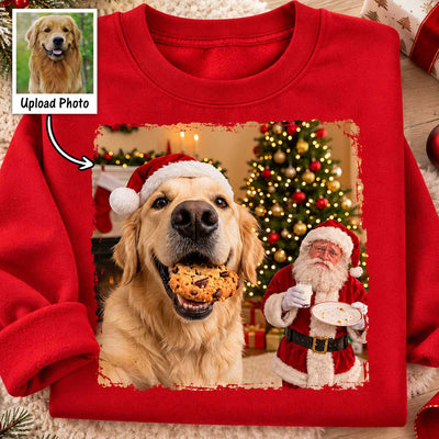 Dog Cat Steal Cookie From Santa Upload Pet Photo - Personalized Shirt - Funny Christmas Gift For Dog Lovers, Cat Lovers, Pet Lovers