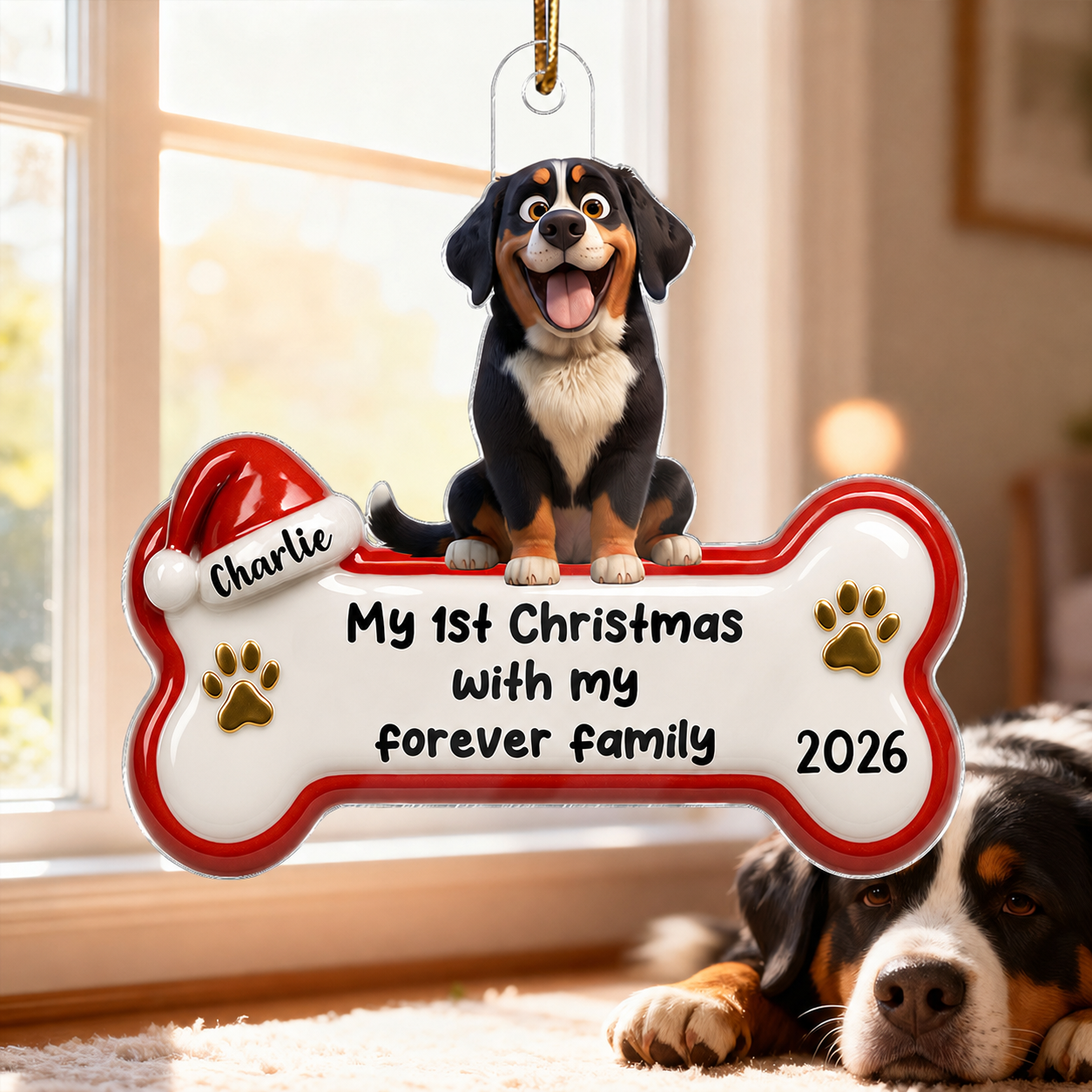1st Christmas With Forever Family Cartoon Dog 3D Effect - Personalized Acrylic Ornament
