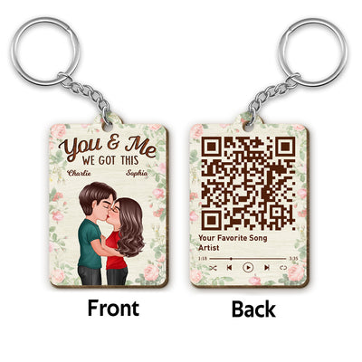 Roses Doll Couple Kissing Favorite Song Scannable QR Code Personalized Wooden Keychain