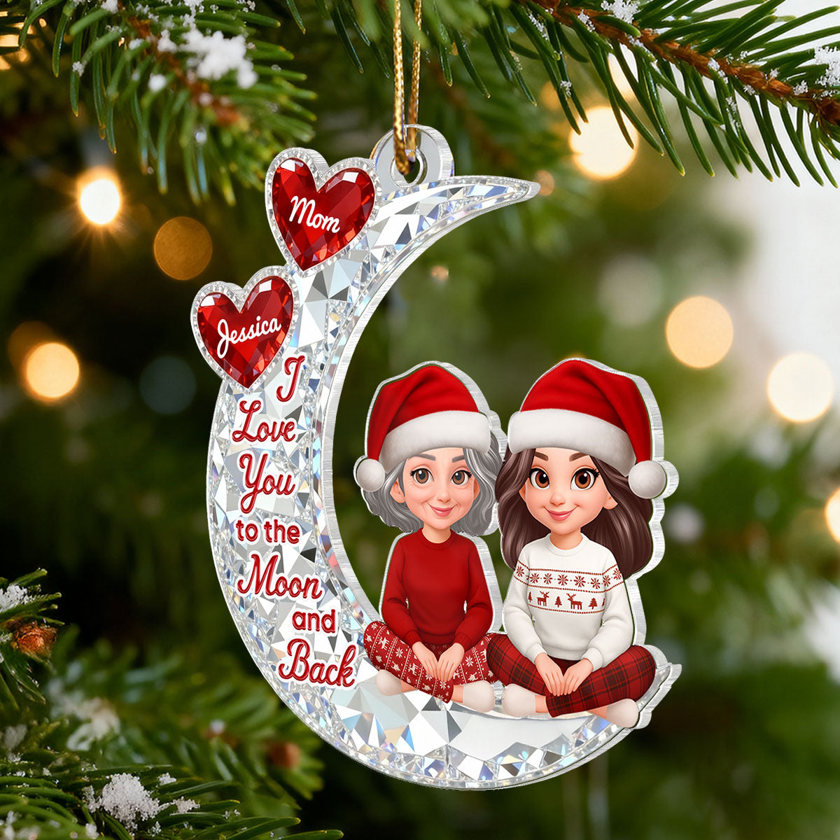 3D Effect Flat Mom And Daughter Son Sitting On Moon - Personalized Acrylic Ornament - Gift For Mom, Daughter, Son