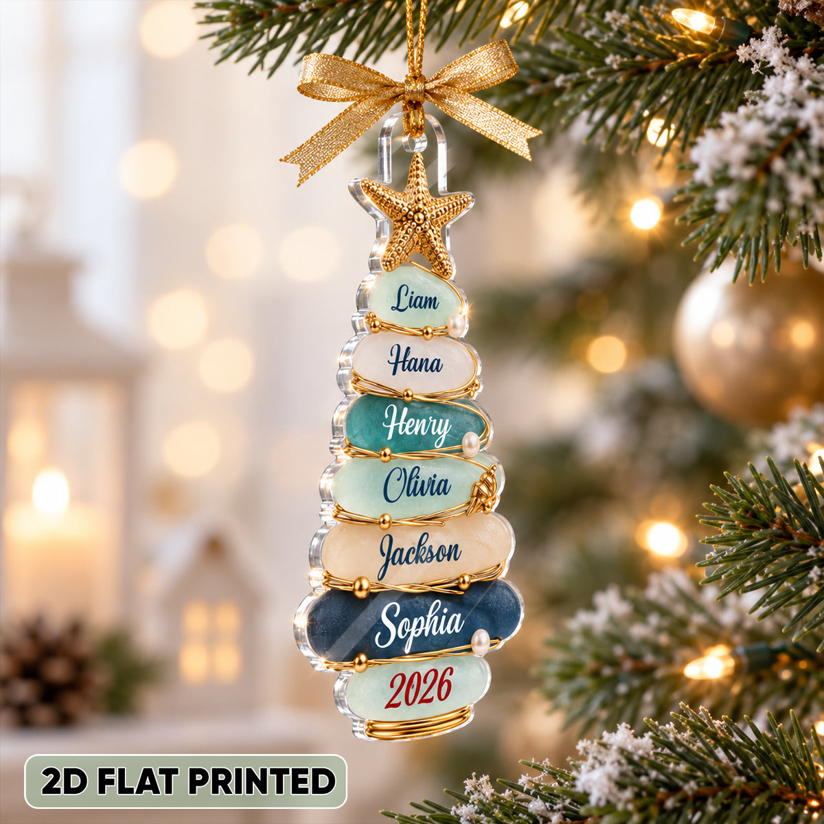Custom Family Christmas Tree 2D Flat - Personalized Acrylic Ornament - Beach Coastal Keepsake, Grandkids Gift
