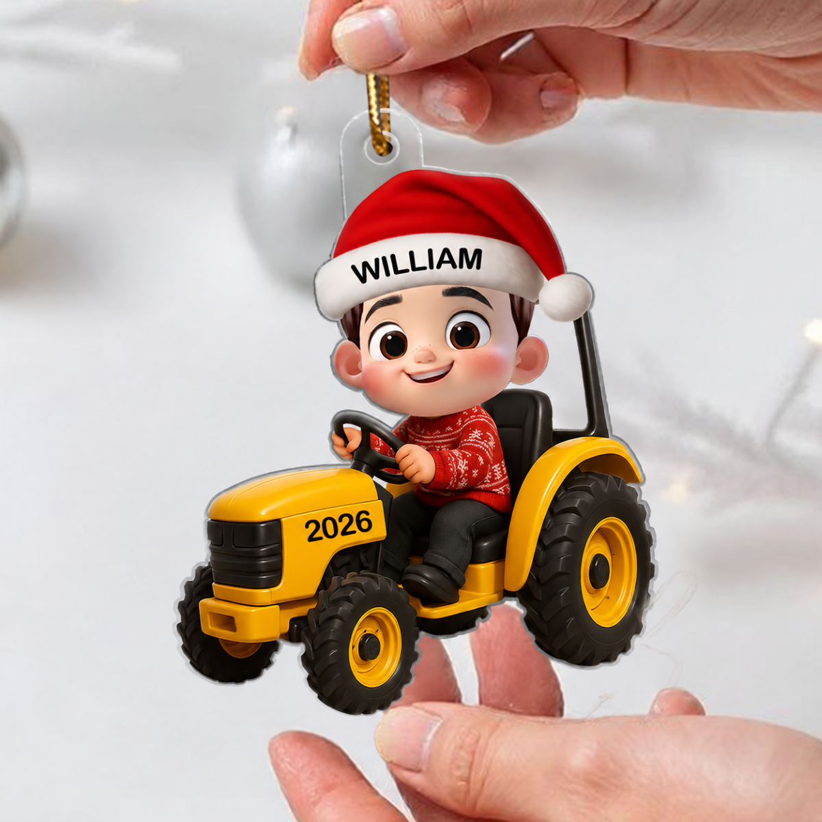 3D Effect Little Boy Kid With Construction Vehicle Excavator Backhoe Tractor Christmas Personalized Acrylic Ornament