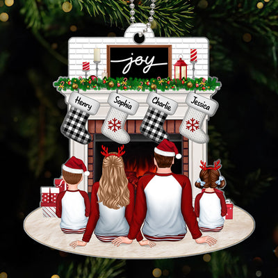 Pajamas Family Dad Mom Kids Dogs Cats Sitting At Christmas Fireplace Personalized Acrylic Ornament