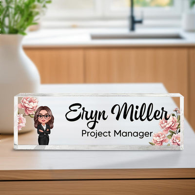 Birth Month Flower Office Personalized Acrylic Desk Name Plate, Office Desk Decor, Gift For Colleagues, Coworkers, Boss