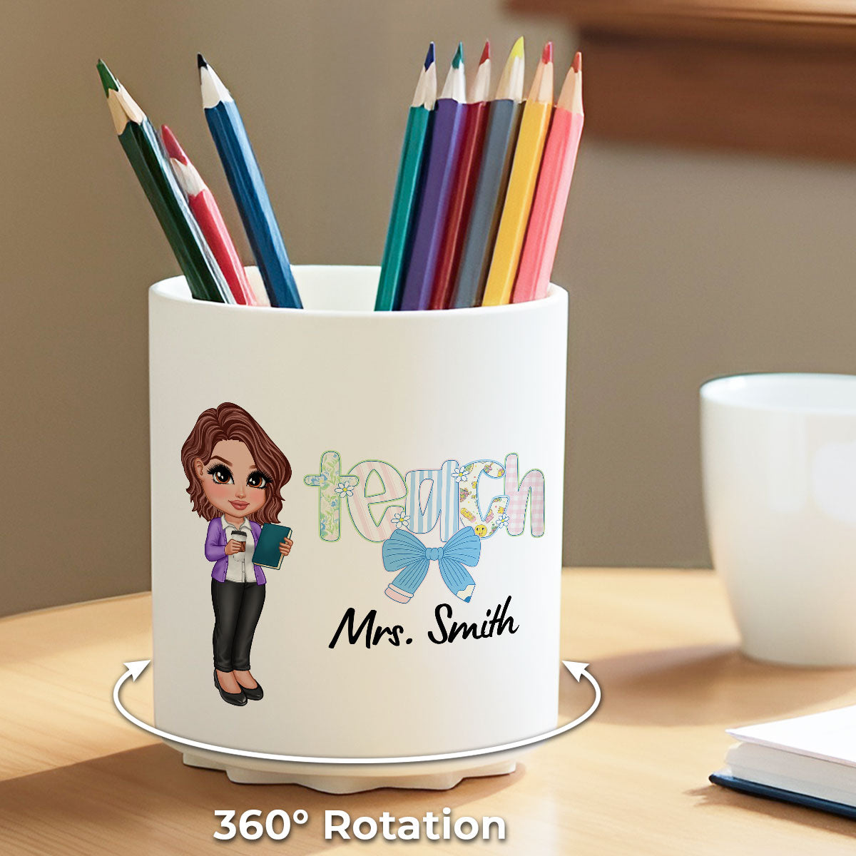 Teacher Coquette Style Personalized Rotating Pen Holder, Back To School Gift