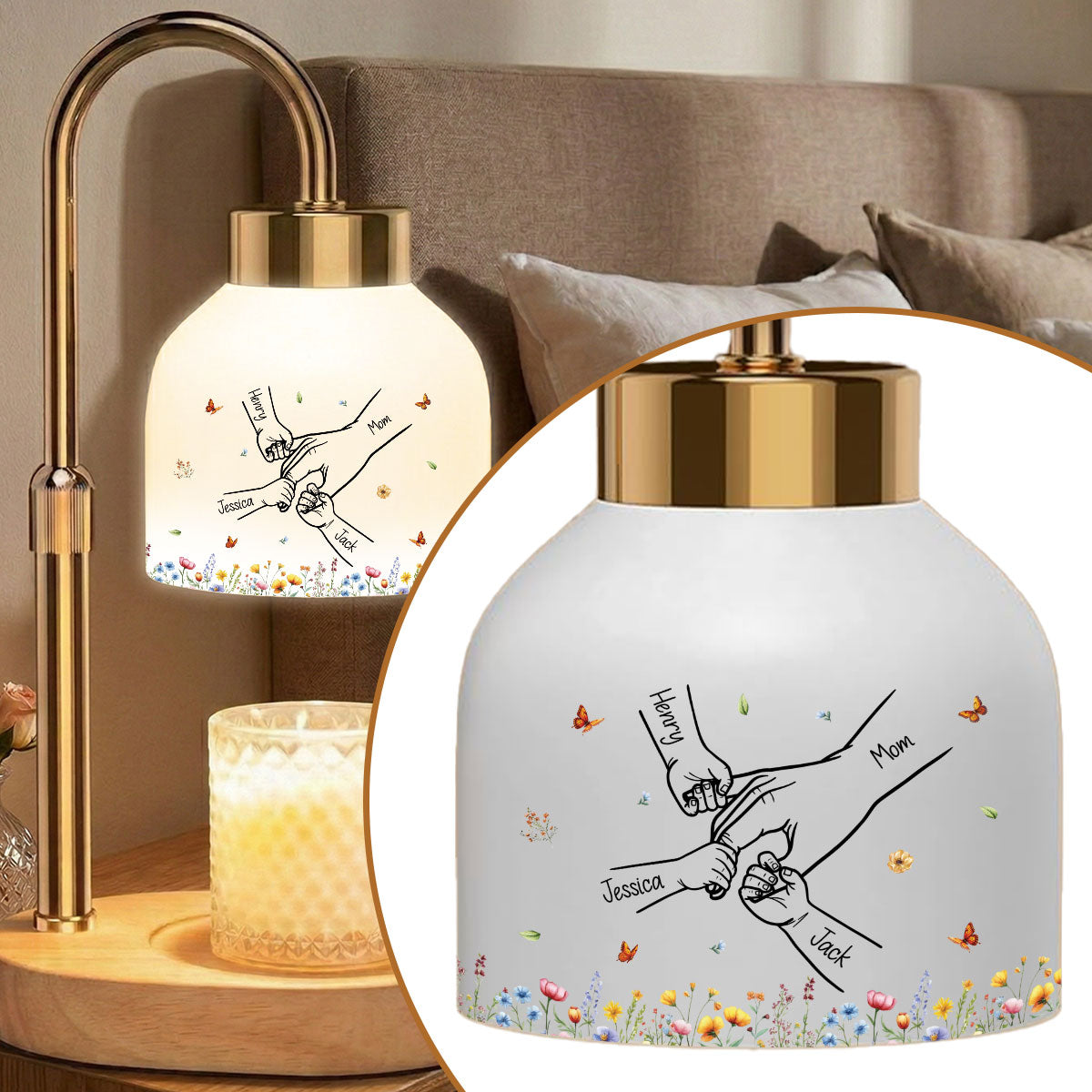 Grandma Mom Kids Holding Hand Outline - Personalized Candle Warmer Lamp - Vintage Home Decor Gift