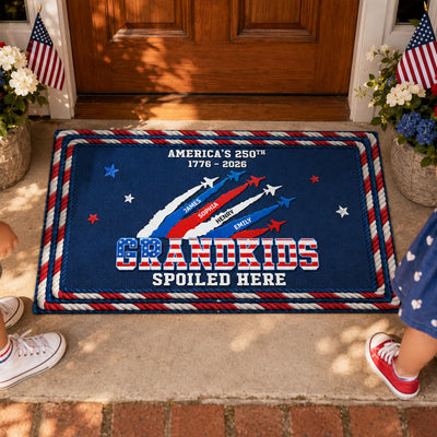 Proud Grandkids Spoiled Here American 250th Anniversary Faux Yarn Texture - Personalized Doormat - 250 Years Of Freedom Decoration, Gift For Grandparents