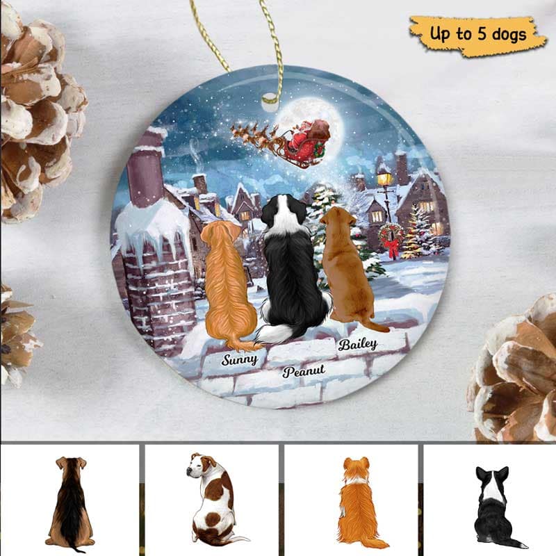 Sitting Dogs On Rooftop Christmas Personalized Circle Ornament
