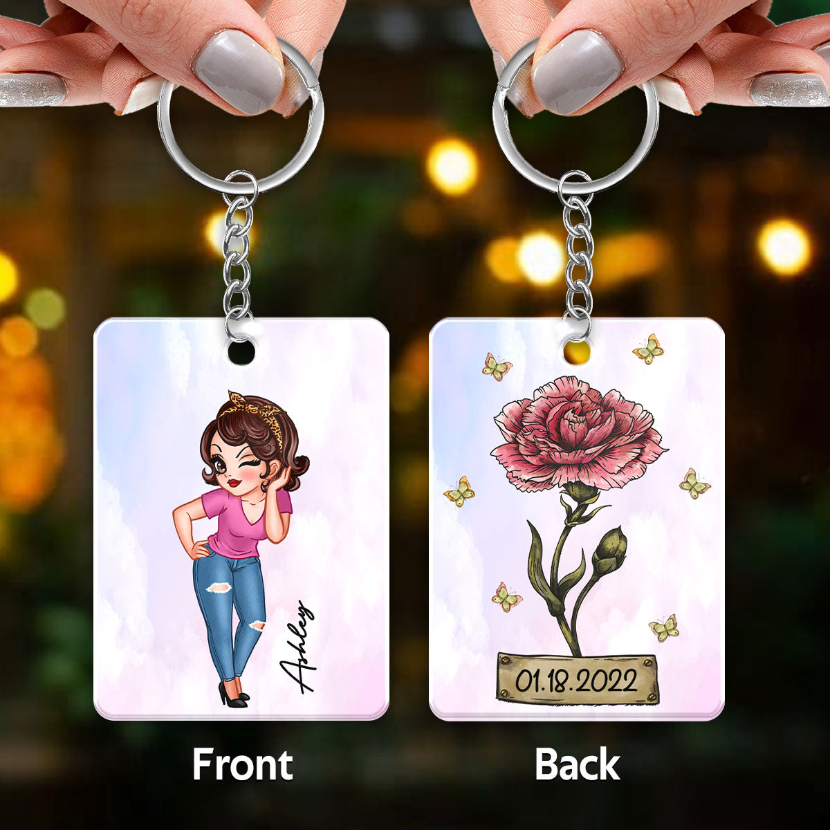 Pretty Woman Custom Character Beautiful Vintage Birth Flower & Name Birthday Gift For Family Friends Personalized Acrylic Keychain