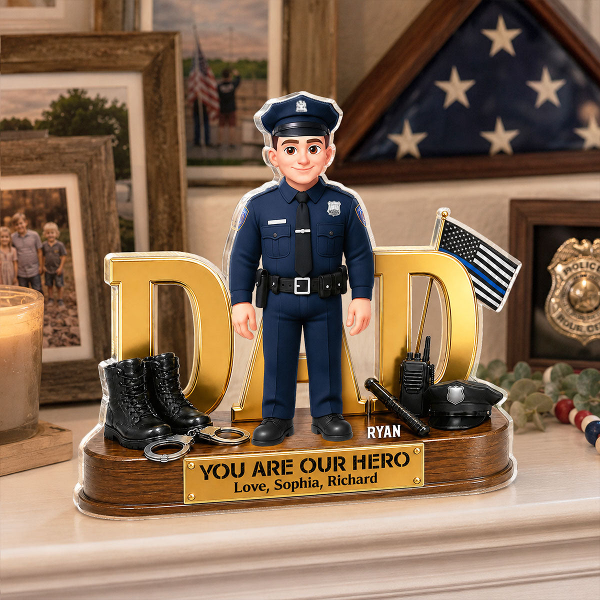 Proud American Police Dad You Are Our Hero Thin Blue Line 2D Flat - Personalized Acrylic Block Plaque - Father's Day Gift For Dad