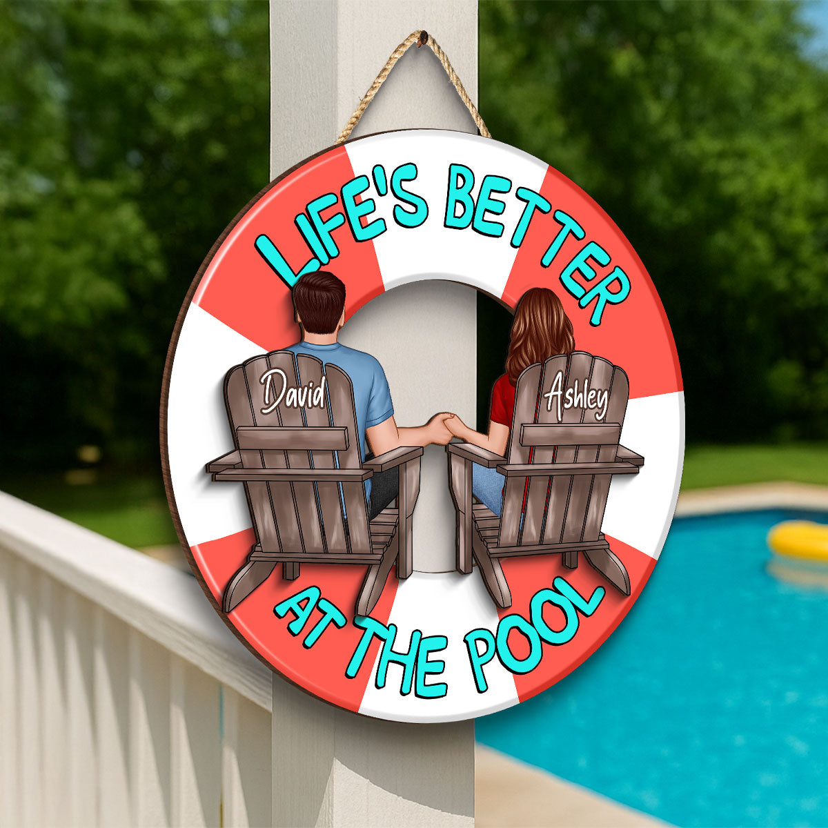 Couple Sitting Back View Poolside Swimming Float Personalized 2-Layer Wood Sign