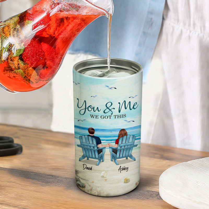 Back View Couple Sitting Beach Landscape Personalized Can Cooler