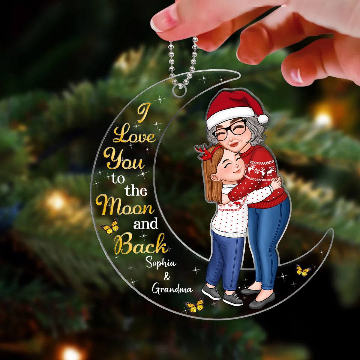Grandma & Granddaughter Grandson Hugging On Moon Personalized Acrylic Ornament