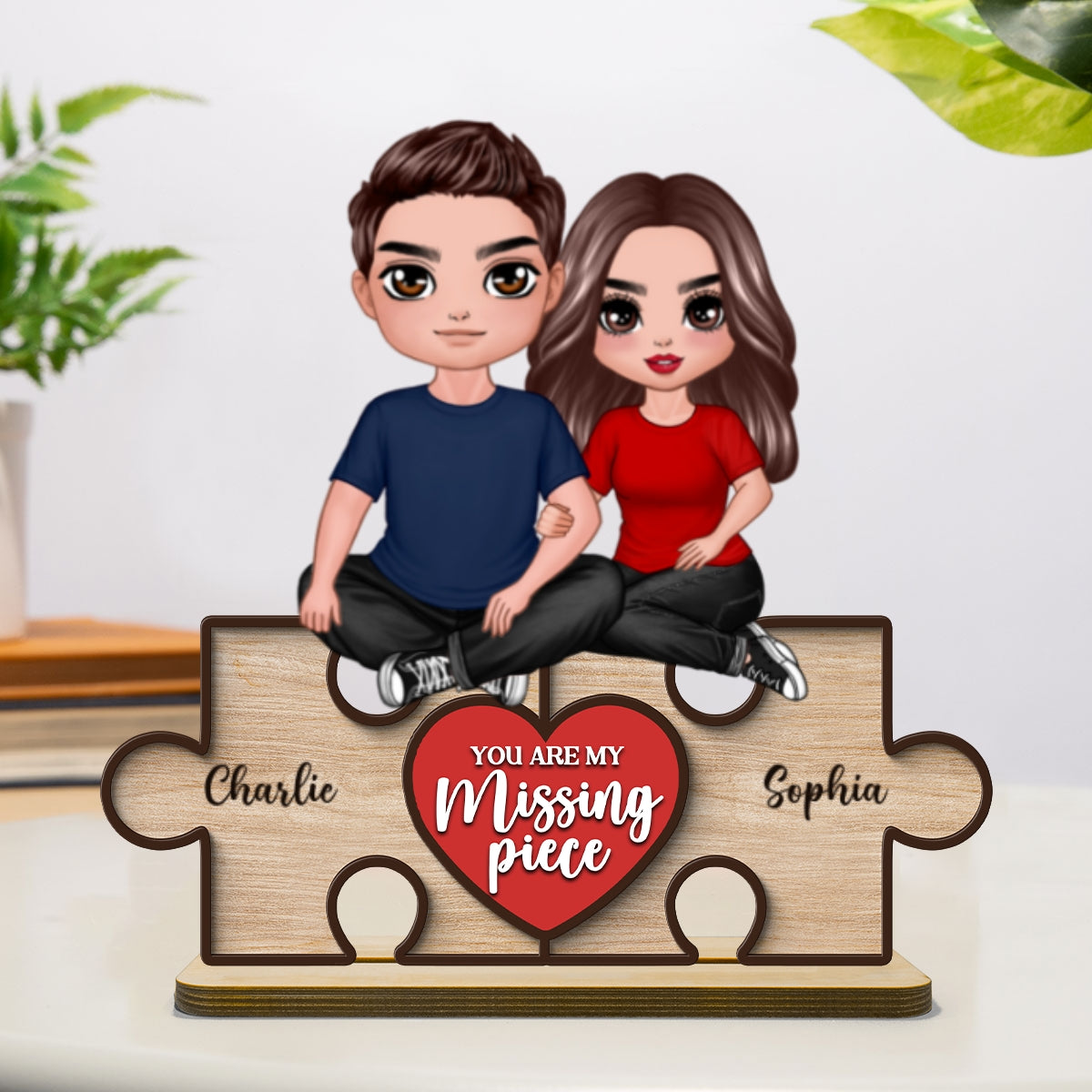 Couple Sitting On Puzzle Pieces You Are The Missing Piece To My Heart Personalized 2-Layer Standing Wooden Plaque, Heartfelt Gift For Couple, For Him, For Her, Boyfriend, Girlfriend, Husband, Wife
