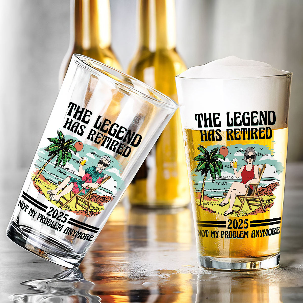 The Legend Has Retired Vintage Beach Personalized Beer Glass, Retirement Gift For Beach Lovers, Dad, Mom, Grandpa, Grandma