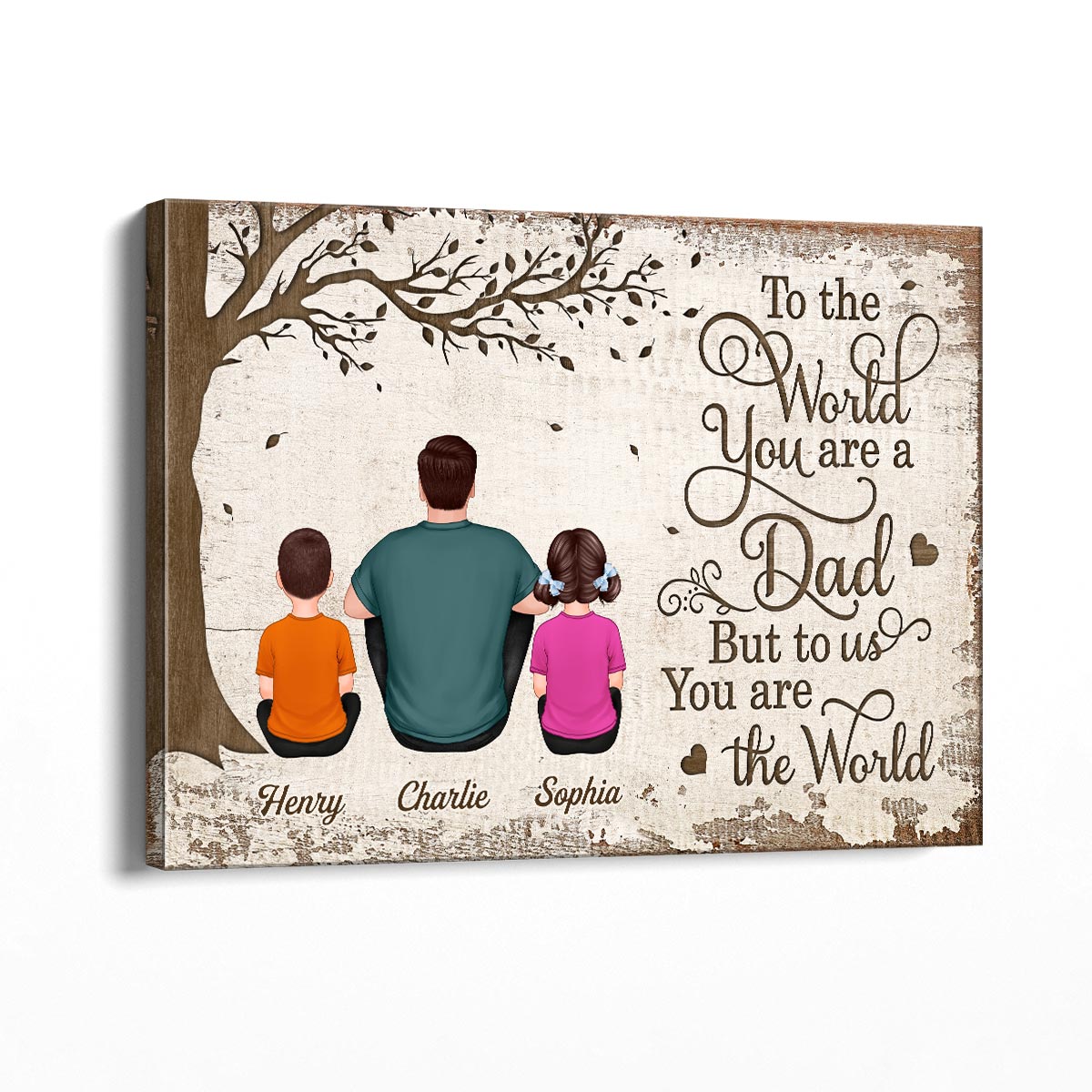 Back View Dad And Kids Dogs Cats Sitting Personalized Canvas