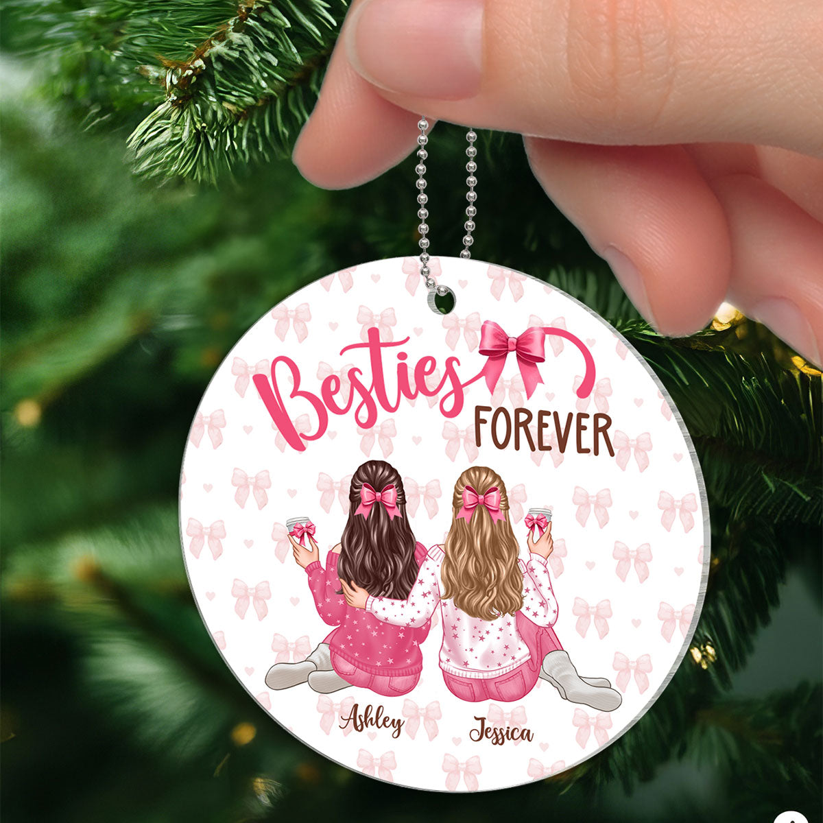 Coquette Besties Forever Back View Christmas Personalized Acrylic Ornament