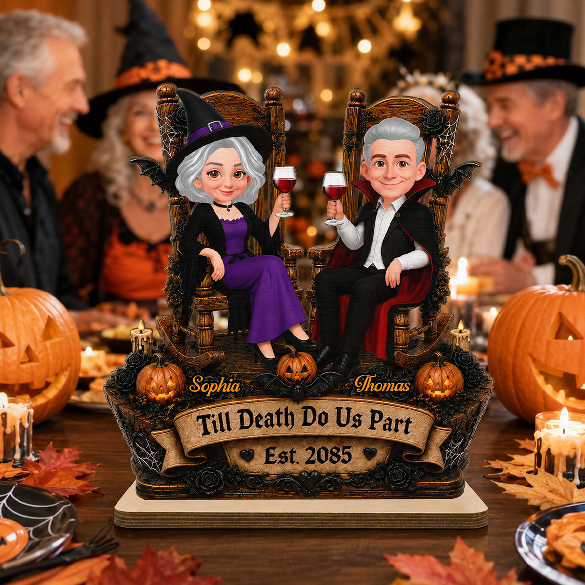 Trending Halloween Couple Sitting - Personalized 2-Layered Wooden Plaque - Halloween Decoration For Couple
