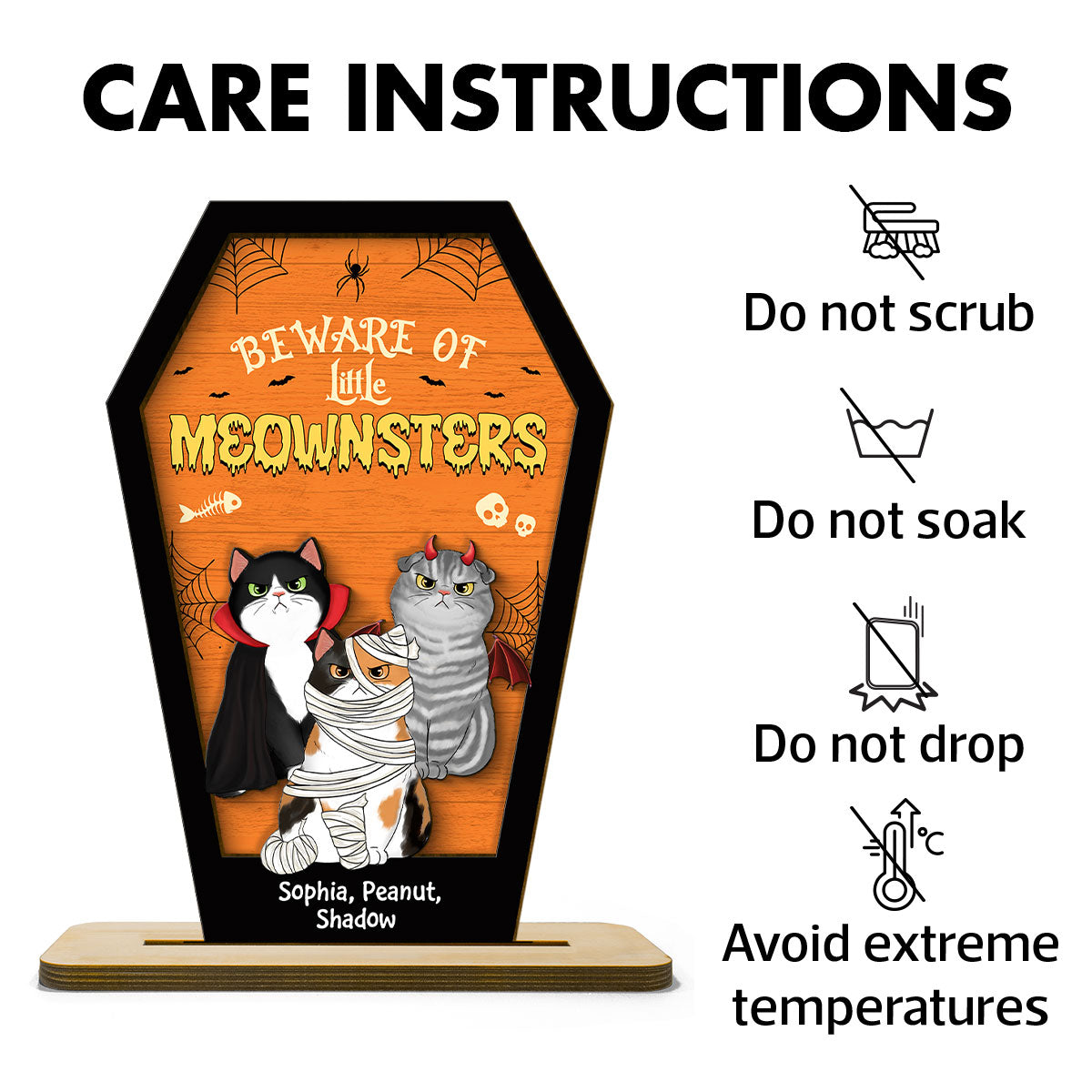 Beware Of Little Meownsters Coffin Shaped Personalized 2 Layer Standing Wooden Plaque, Halloween Tiered Tray Decor