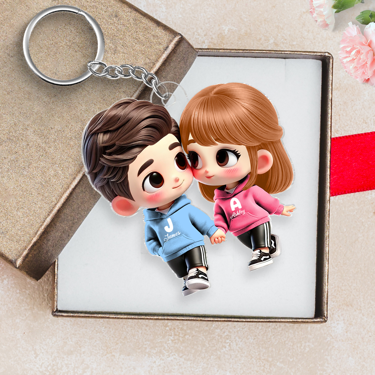 3D Effect Cute Cartoon Couple Holding Hands Personalized Acrylic Keychain, Anniversary &  Gift for him, Gift for her
