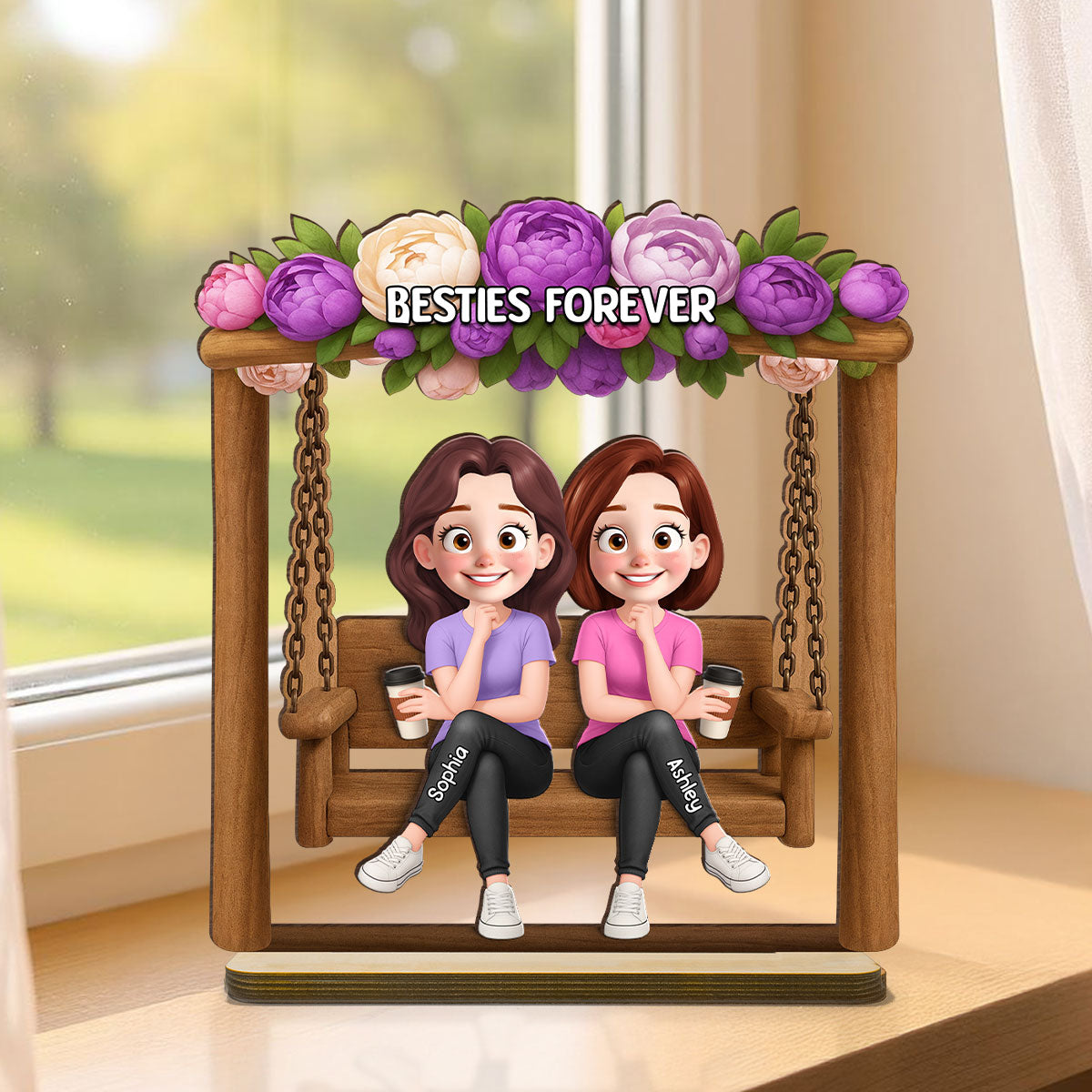 Pretty Besties Sisters On Swing Flowers 3D Effect Personalized Standing Wooden Plaque