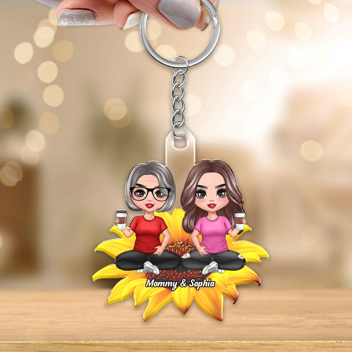 Mom Daughters Sons Sitting On Flower Personalized Acrylic Keychain
