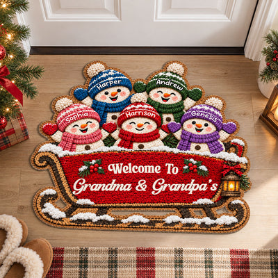 Grandkids Snowman On Sleigh - Personalized Door Mat - Christmas Decor For Grandparents, Family