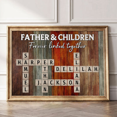 Father & Daughters Sons Forever Linked Together Crossword Puzzle Art Rustic Personalized Poster, Heartfelt Gift For Dad