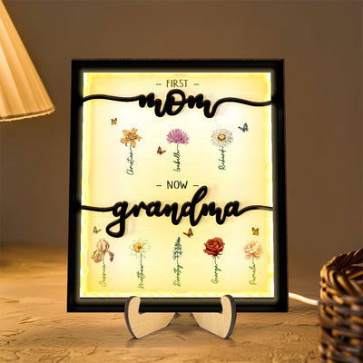 First Mom Now Grandma Birth Month Flowers Personalized 2-Layer Wooden Plaque With LED, Gift for Mom, Grandma, for Mother's Day