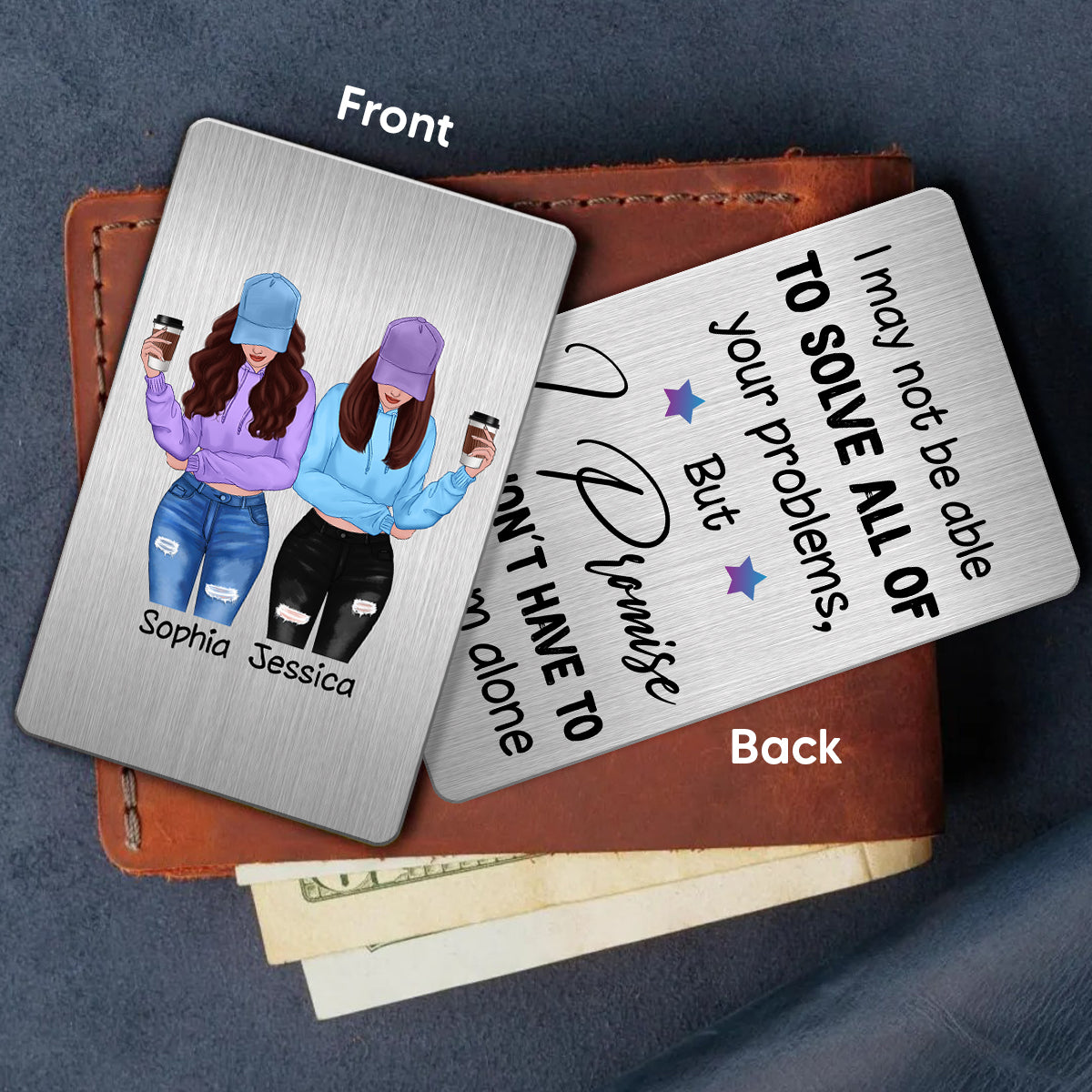 Front View Besties Gift For Best Friends Personalized Metal Wallet Card