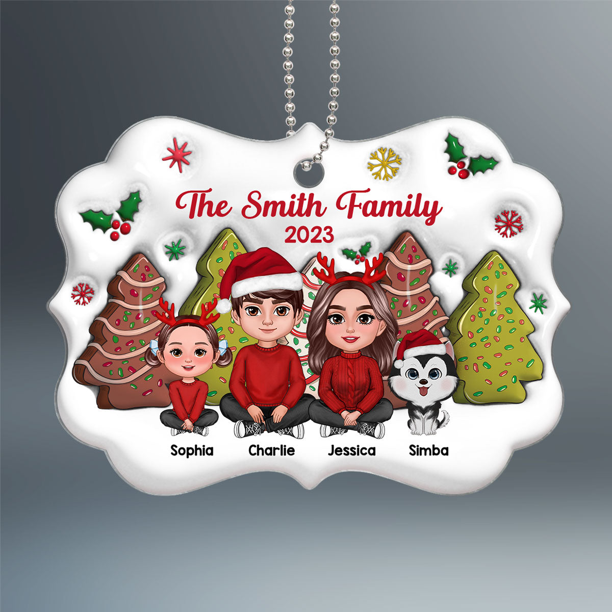 3D Christmas Tree Cakes Inflated Family Sitting Crossed Legs Personalized Acrylic Ornament