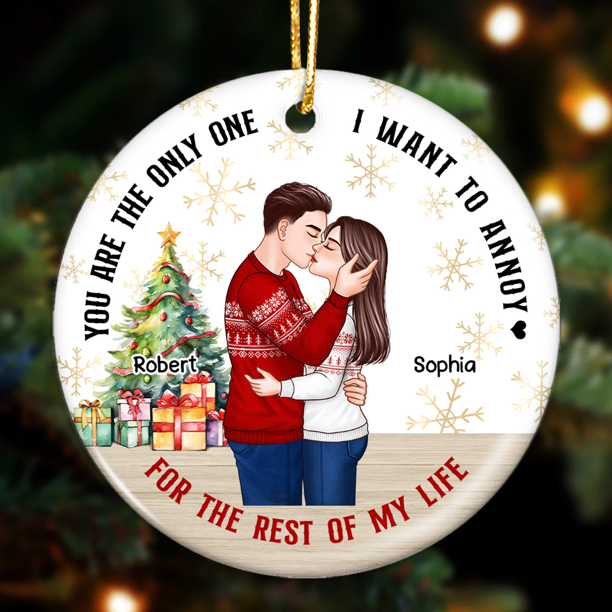 Couple Kissing Christmas Snowflake Background Personalized Circle Ornament