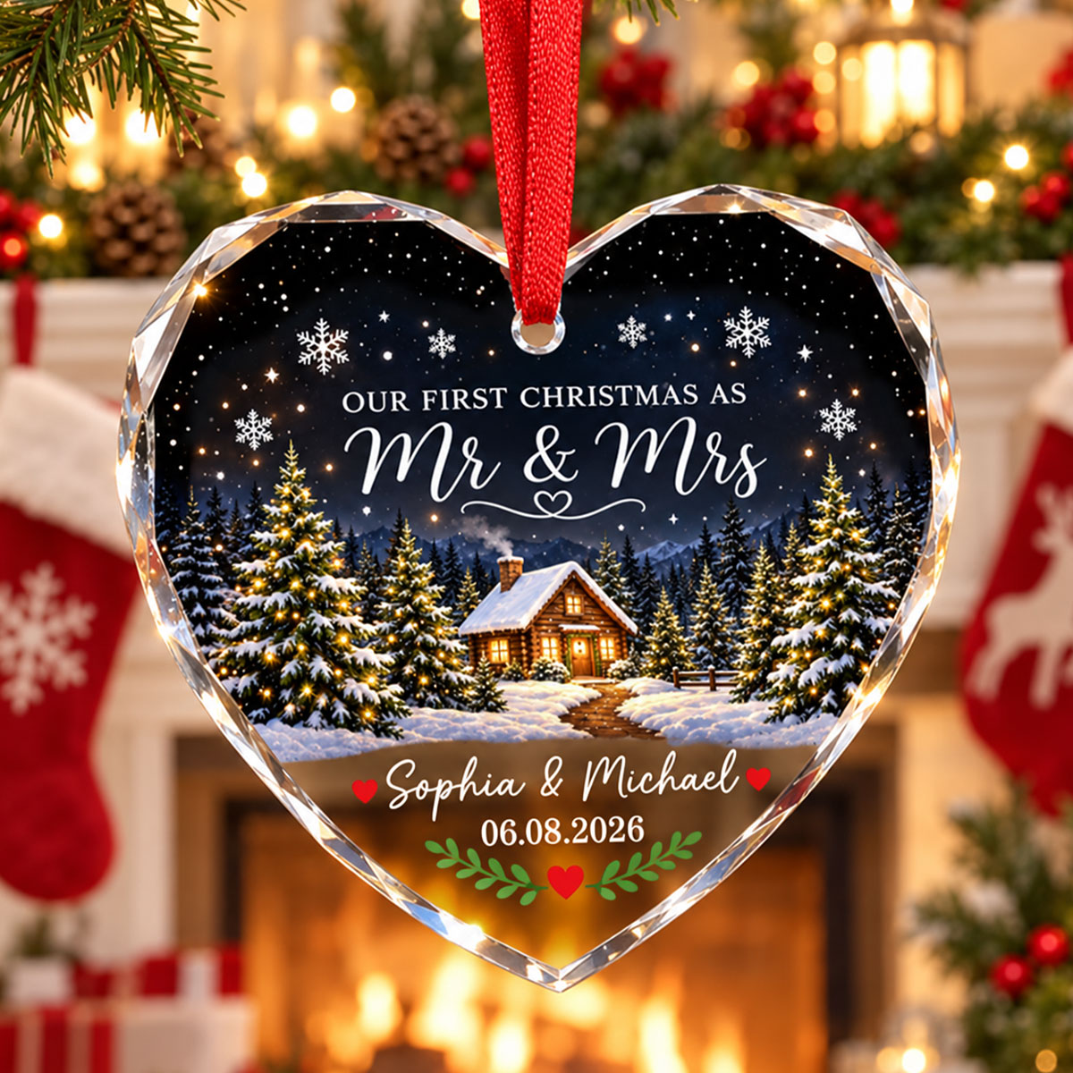 Our First Christmas As Mr Mrs Winter Cabin House - Personalized Glass Ornament - First Christmas Married Ornament For Couple