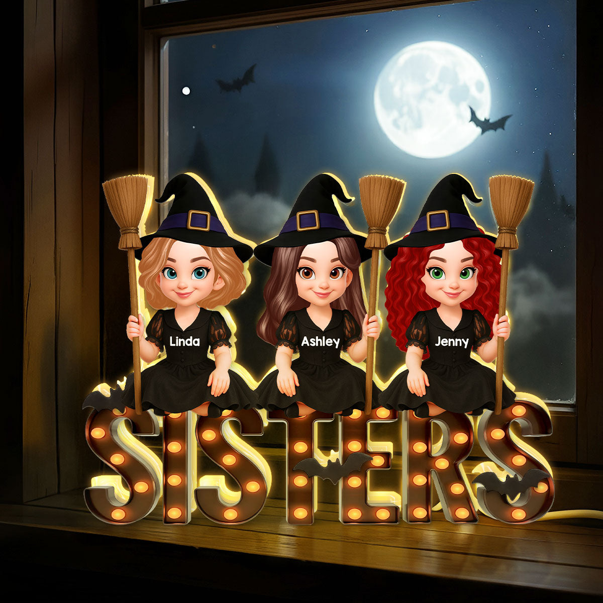 Halloween Besties Sisters Witches Sitting On Marquee Personalized Light Box