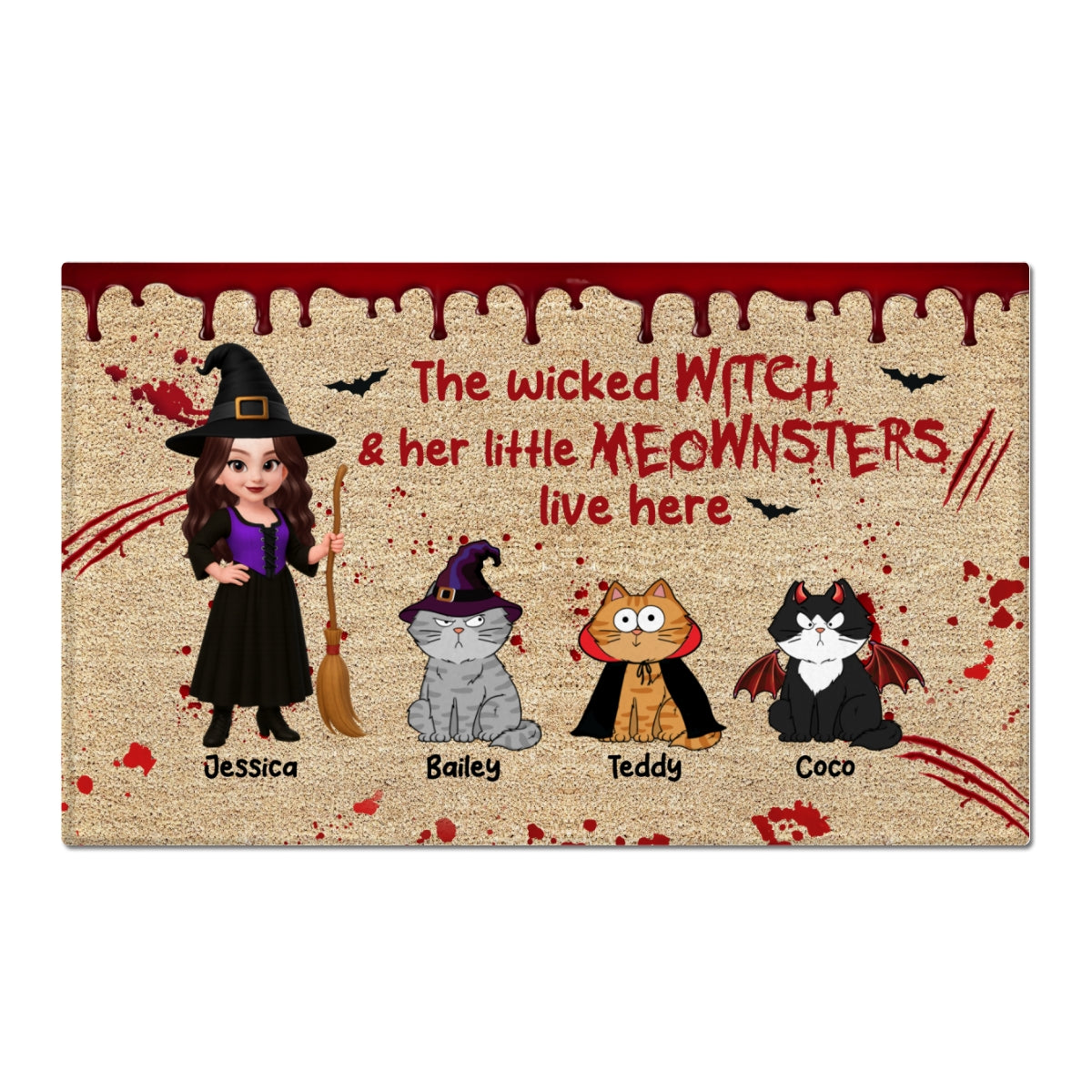 Halloween Wicked Witch And Little Monsters Cats Live Here Personalized Doormat