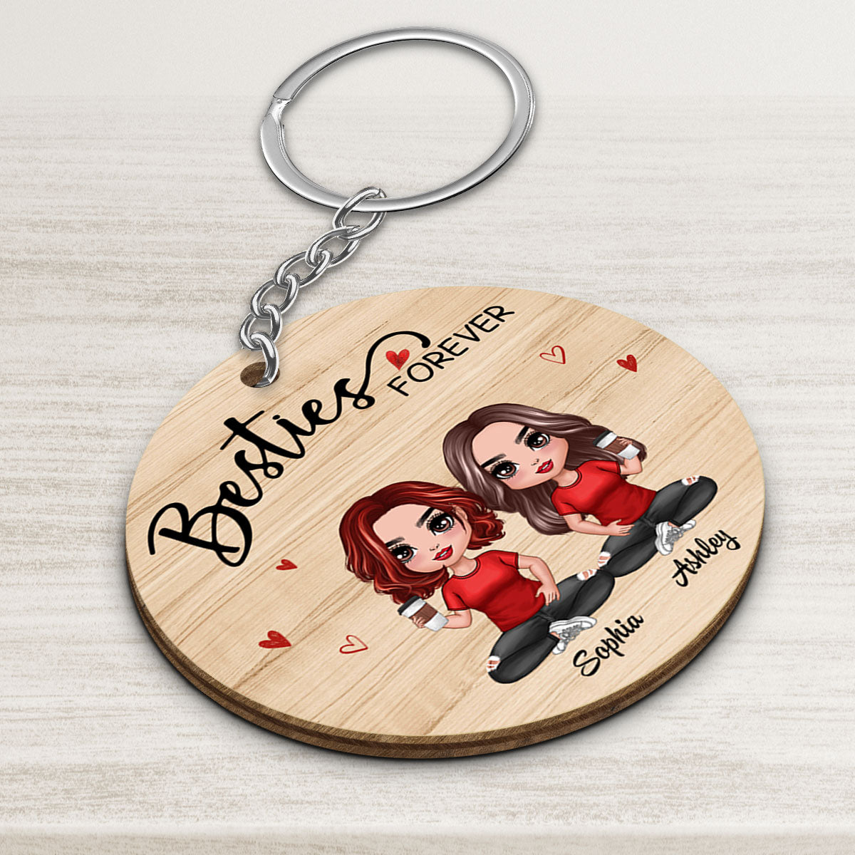 Doll Besties Sisters Sitting Personalized Wooden Keychain