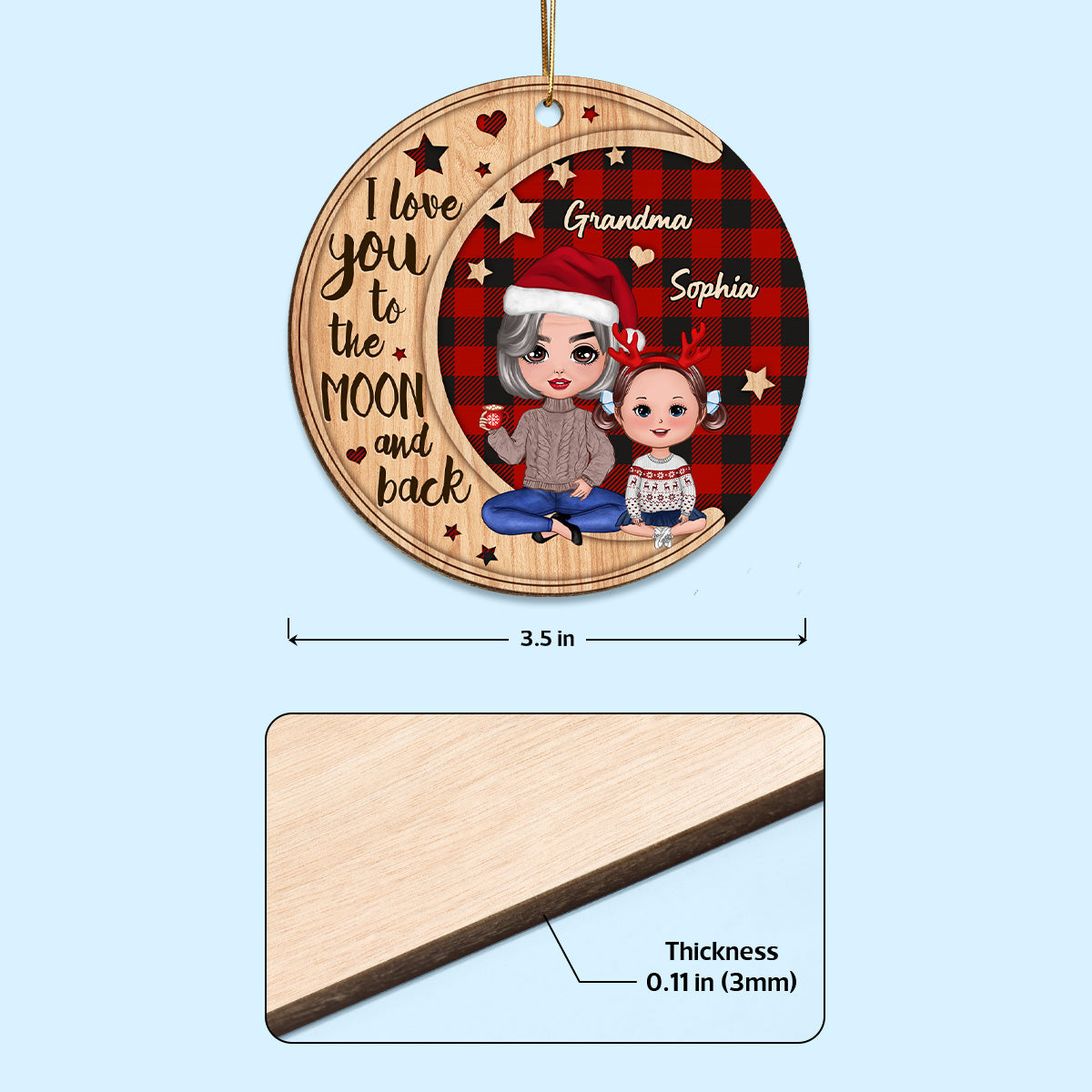 Checkered Pattern Doll Grandma & Grandkid On Moon Personalized Wooden Ornament