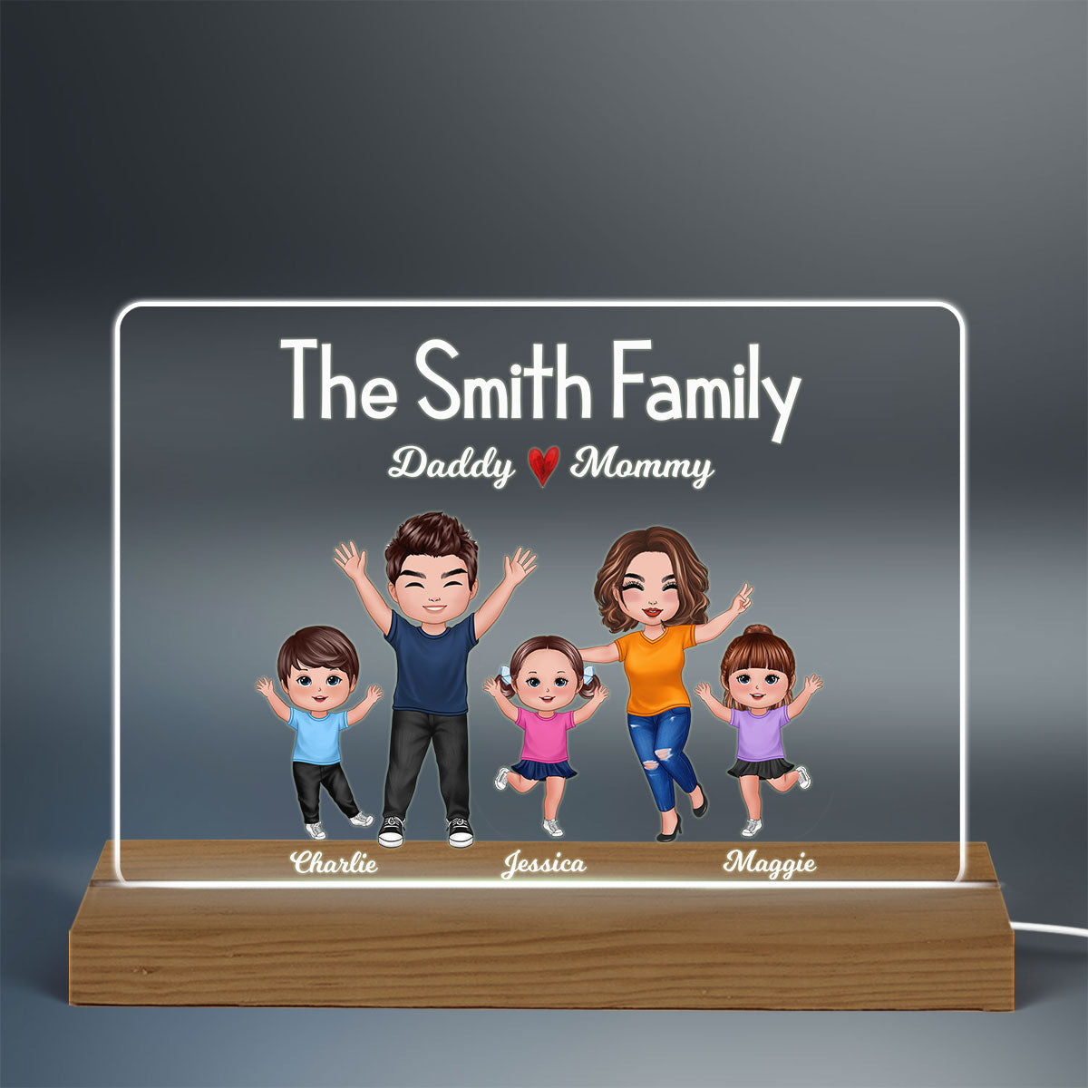 Happy Whole Family Doll Couple Dad Mom Kids Dogs Cats Personalized Warm Custom Shape Acrylic Plaque LED Night Light