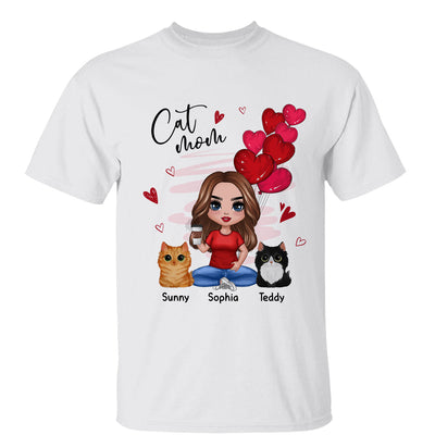 Red Hearts Cat Mom Watercolor Cute Cats Personalized Shirt