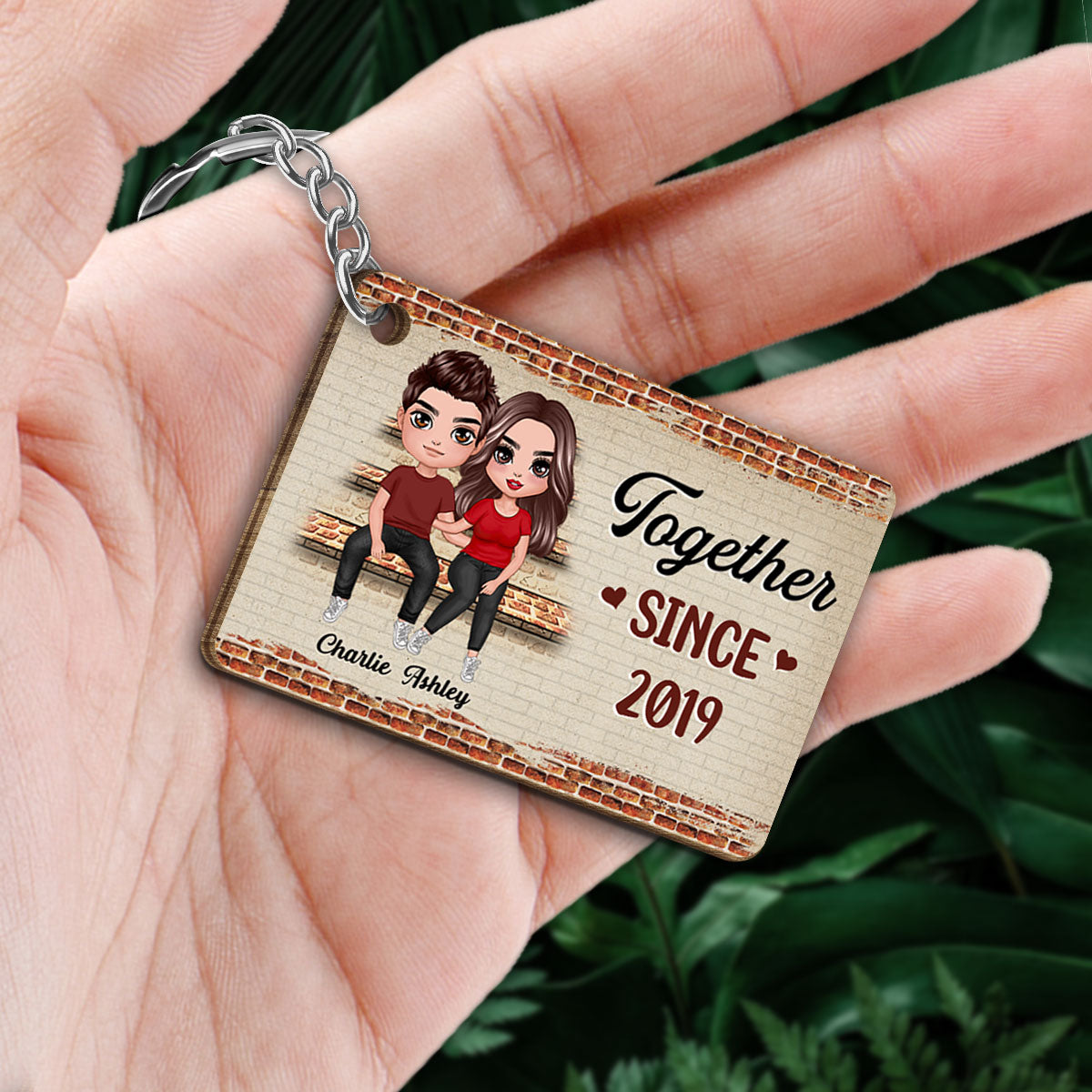 Couple Sitting On Stairs Personalized Wooden Keychain