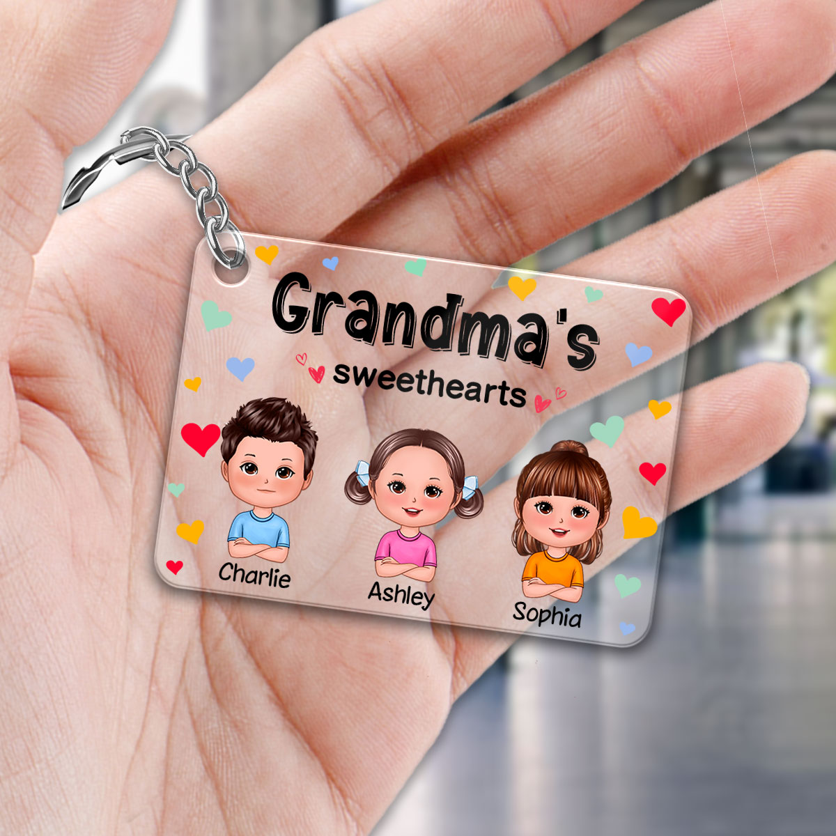 Grandma‘s Sweethearts Cute Doll Kids Colorful Hearts Personalized Acrylic Keychain
