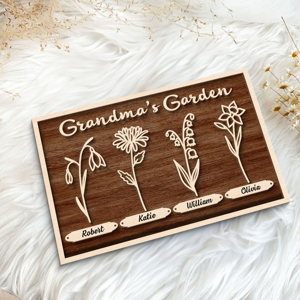 Grandma Mom Garden Outline Birth Month Flowers Personalized 2-layer Wooden Plaque