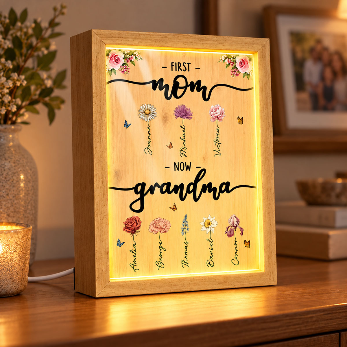 First Mom Now Grandma Custom Birth Month Flower - Personalized Mirror Light Box - Heartfelt Christmas Gift for Mom, Wife, Grandma