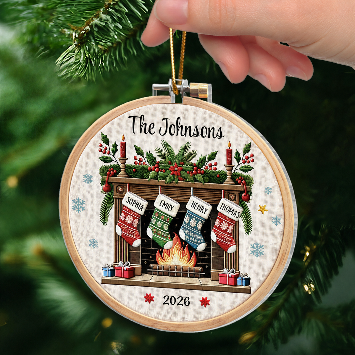 Christmas Festive Fireplace Family Christmas Stockings On Mantel Embroidery Effect Personalized Acrylic Ornament