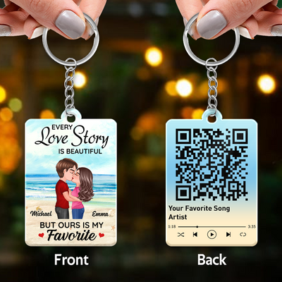 Beach Landscape Doll Couple Kissing Favorite Song Scannable QR Code Personalized Acrylic Keychain