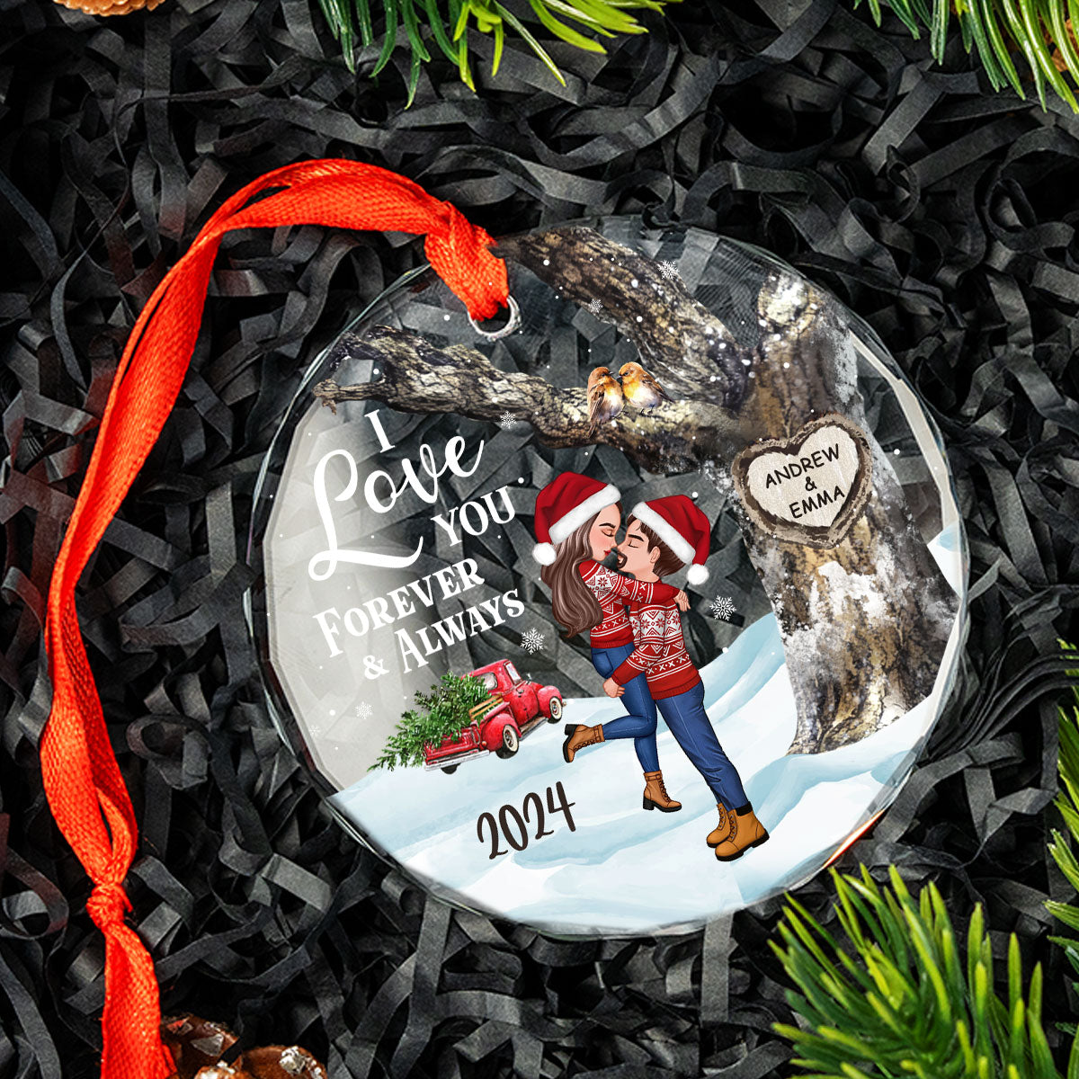 Couple Hugging Kissing Carved Heart Tree Personalized Glass Ornament, Christmas Gift For Him, For Her