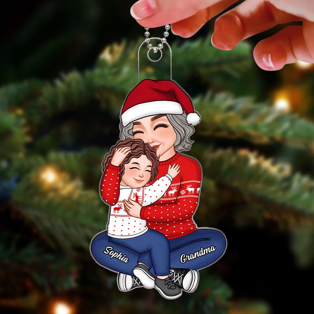 Grandma & Grandkid Hugging Cuddling Christmas Gift For Granddaughter Grandson Personalized Acrylic Ornament