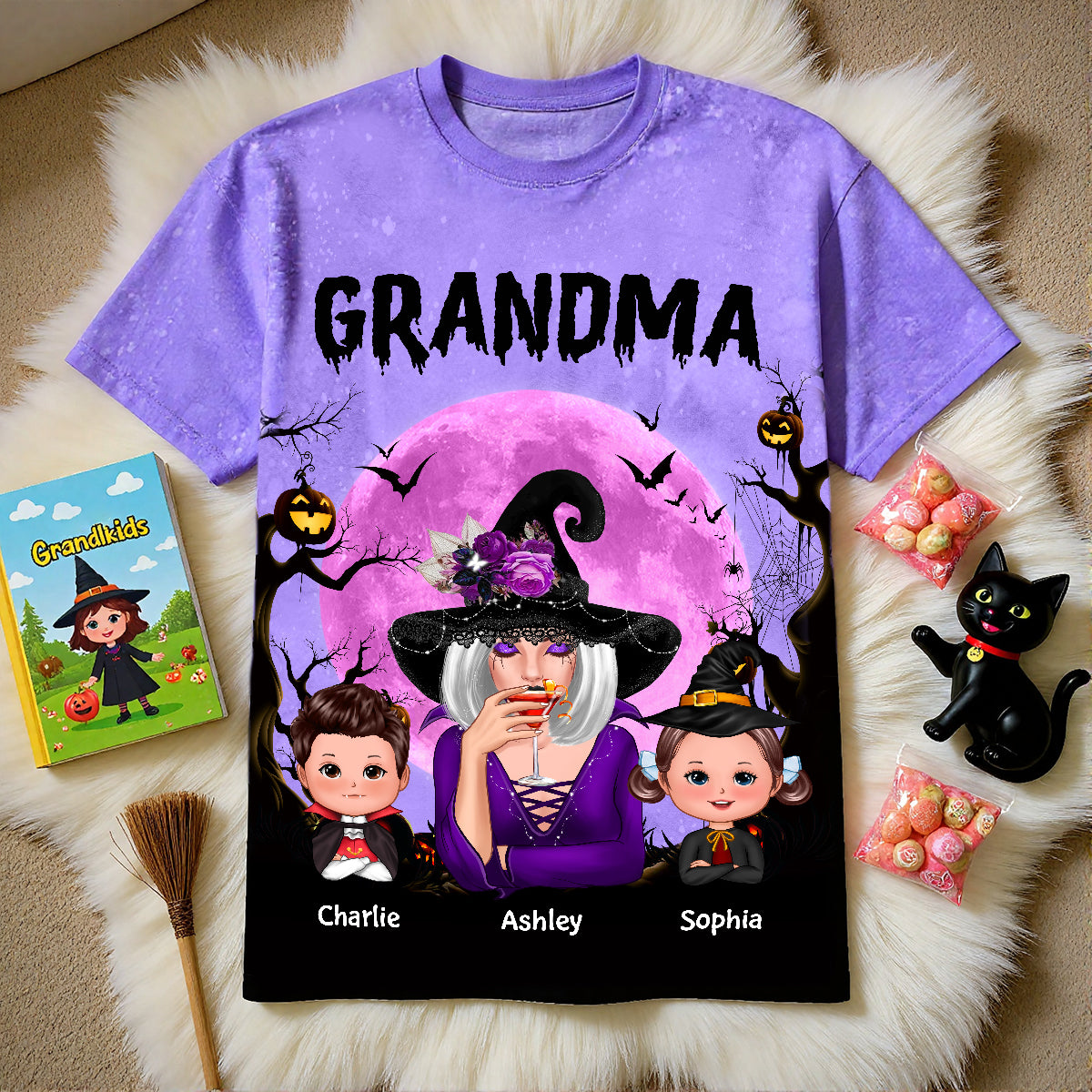 Grandma Witch & Kids Moon Bat Tree Personalized Shirt, Halloween Costume for Grandma