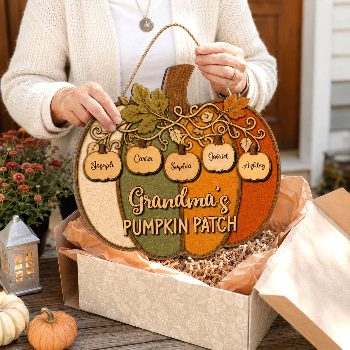 Grandma Grandpa Colorful Pumpkin 2D Flat - Personalized Wood Sign - Fall Season Decoration