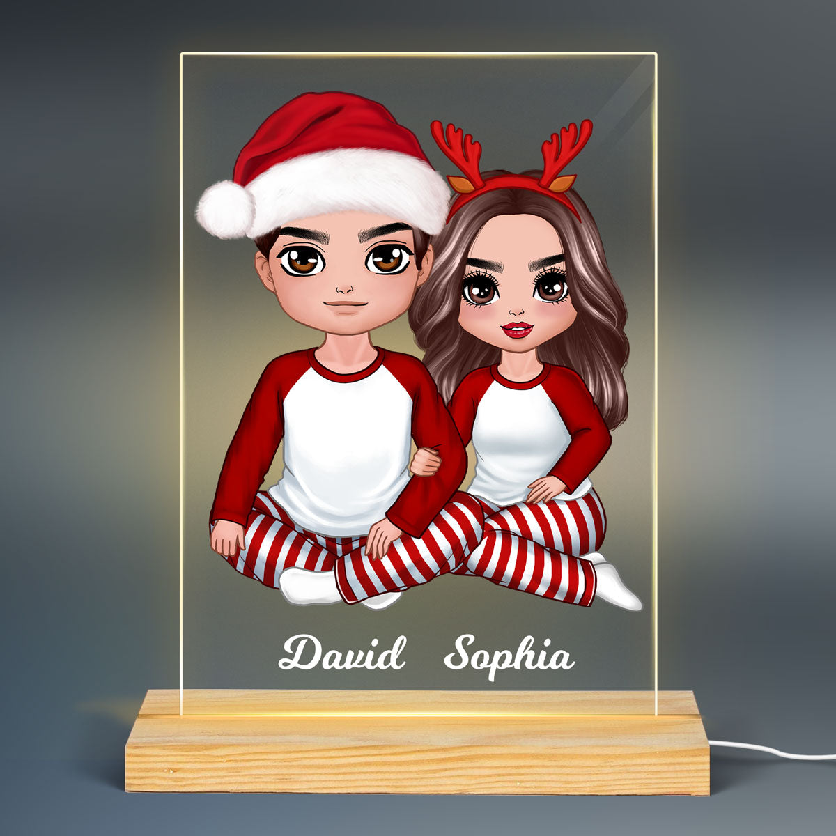 Christmas Doll Couple Sitting Hugging Personalized Acrylic LED Night Light